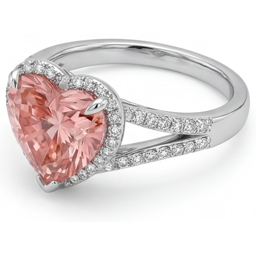 Peach Color Sapphire 2.8 Carat Genuine Heart Padparadscha Halo Ring 14K White Gold