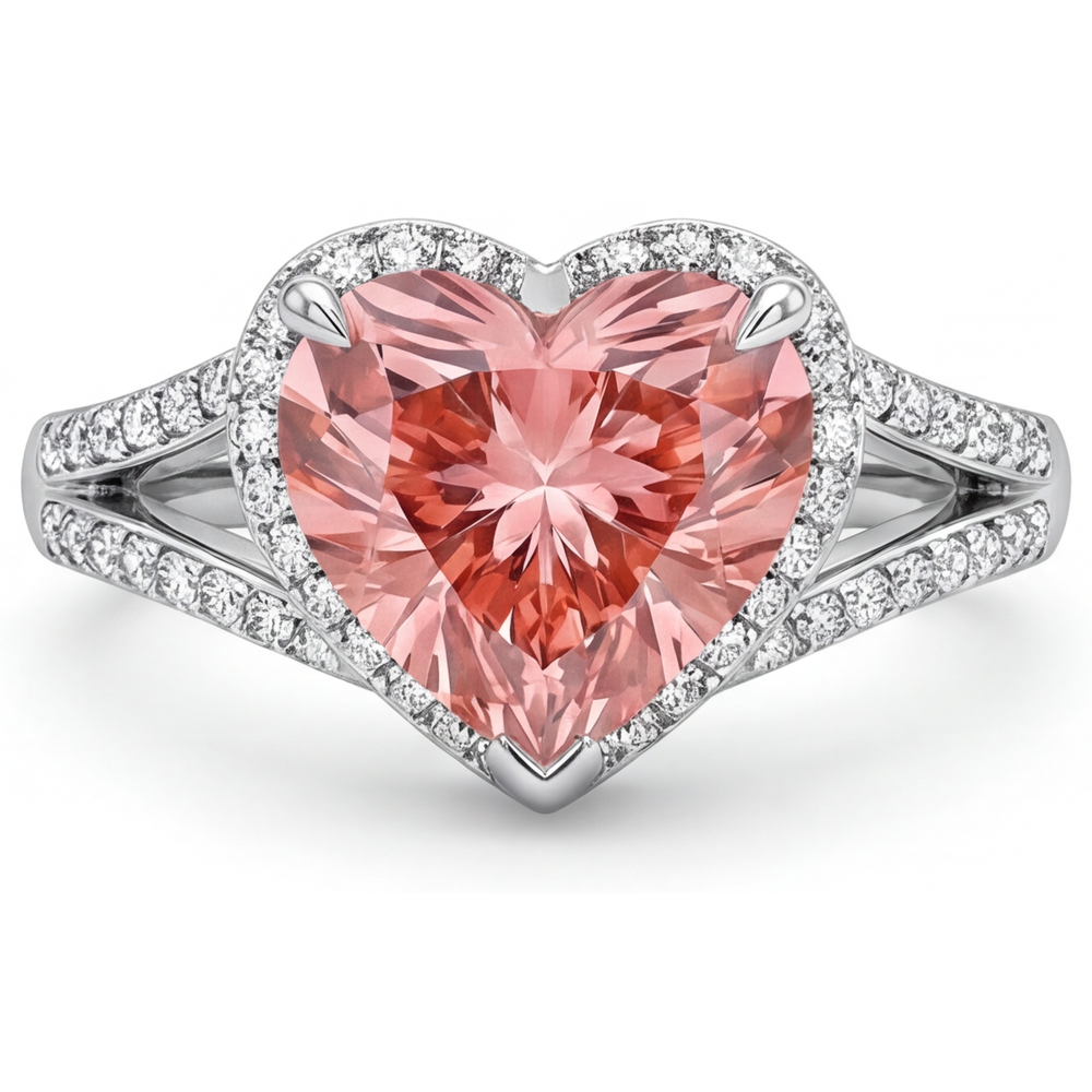 Peach Color Sapphire 2.8 Carat Genuine Heart Padparadscha Halo Ring 14K White Gold