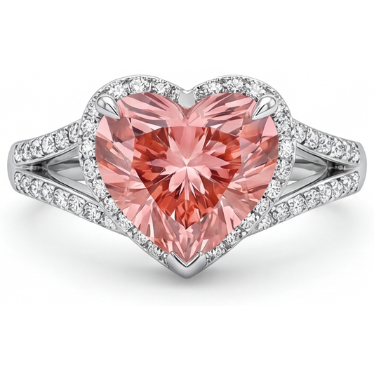 Peach Color Sapphire 2.8 Carat Genuine Heart Padparadscha Halo Ring 14K White Gold