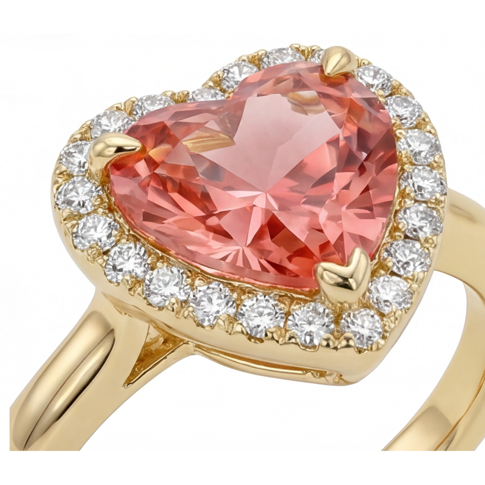 Padparadscha Sapphire Engagement Ring 2.8 Carat Real Heart Halo 14K Yellow Gold