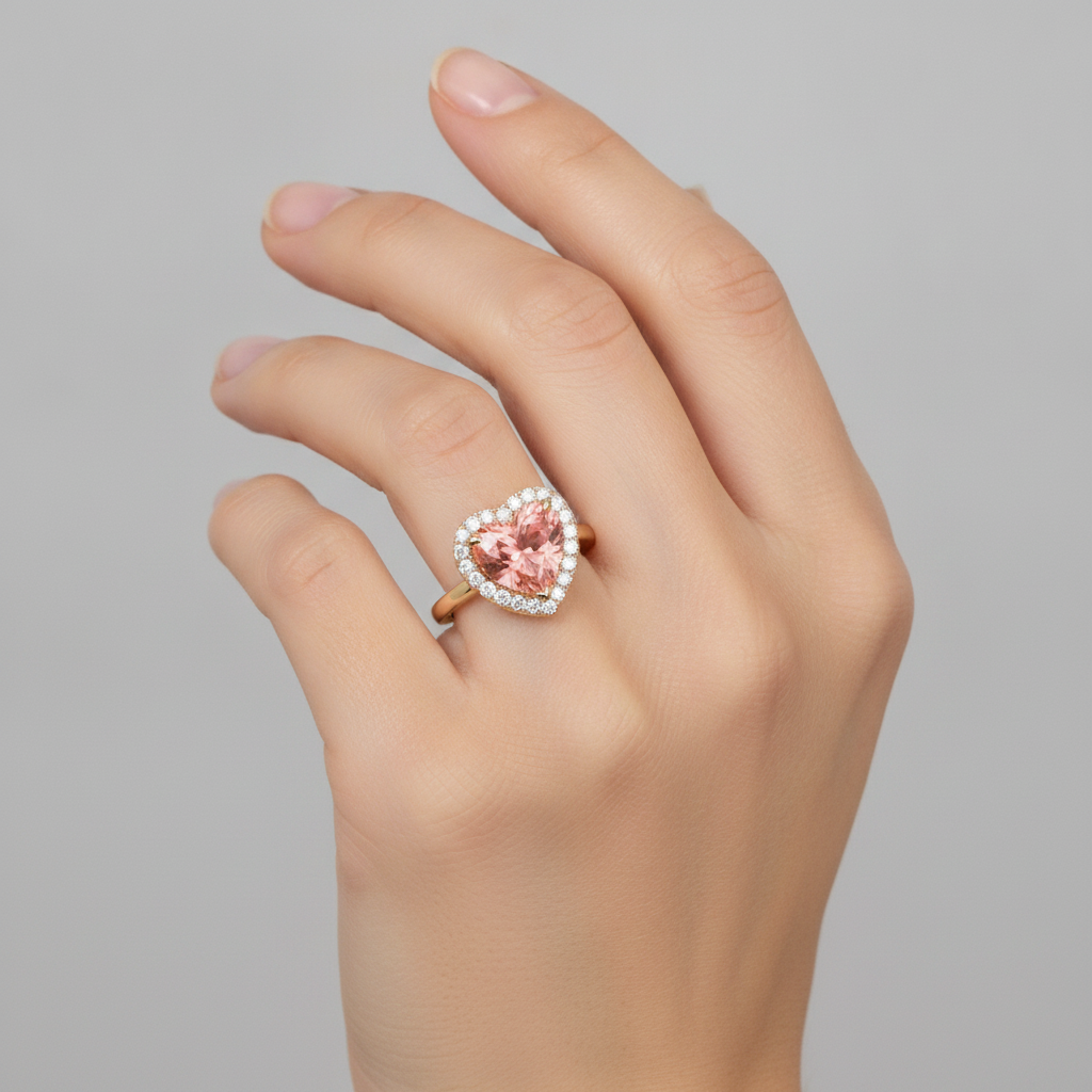 Padparadscha Sapphire Engagement Ring 2.8 Carat Real Heart Halo 14K Yellow Gold