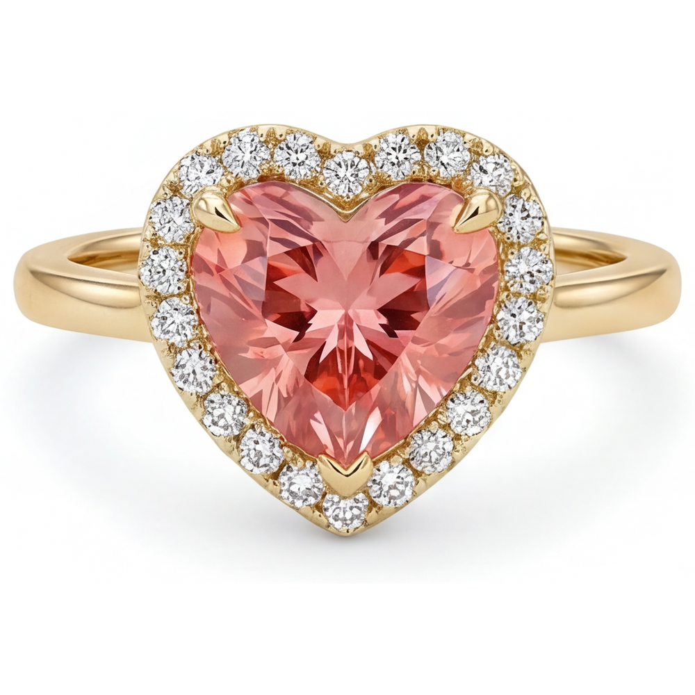 Padparadscha Sapphire Engagement Ring 2.8 Carat Real Heart Halo 14K Yellow Gold