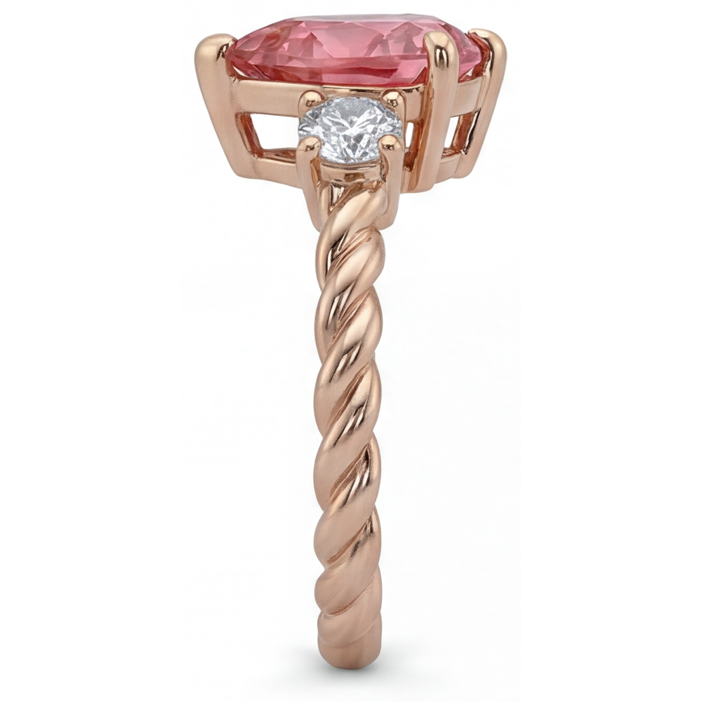 Padparadscha Sapphire Ring 1.9 Carat Genuine Heart Three Stone 14K Rose Gold