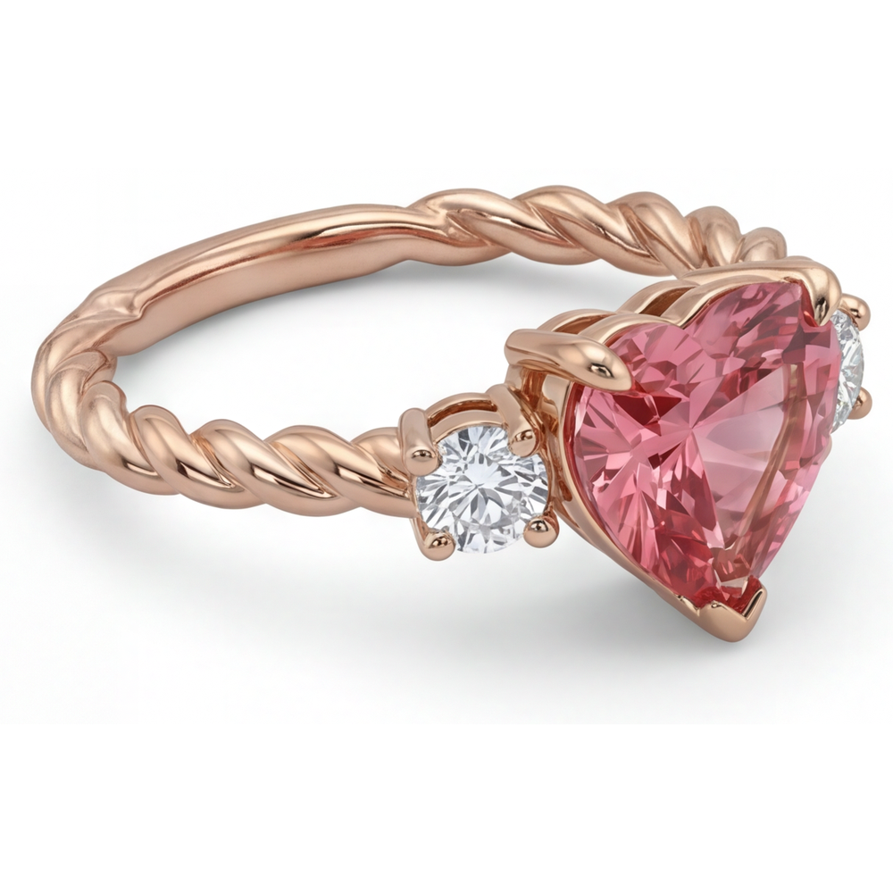 Padparadscha Sapphire Ring 1.9 Carat Genuine Heart Three Stone 14K Rose Gold
