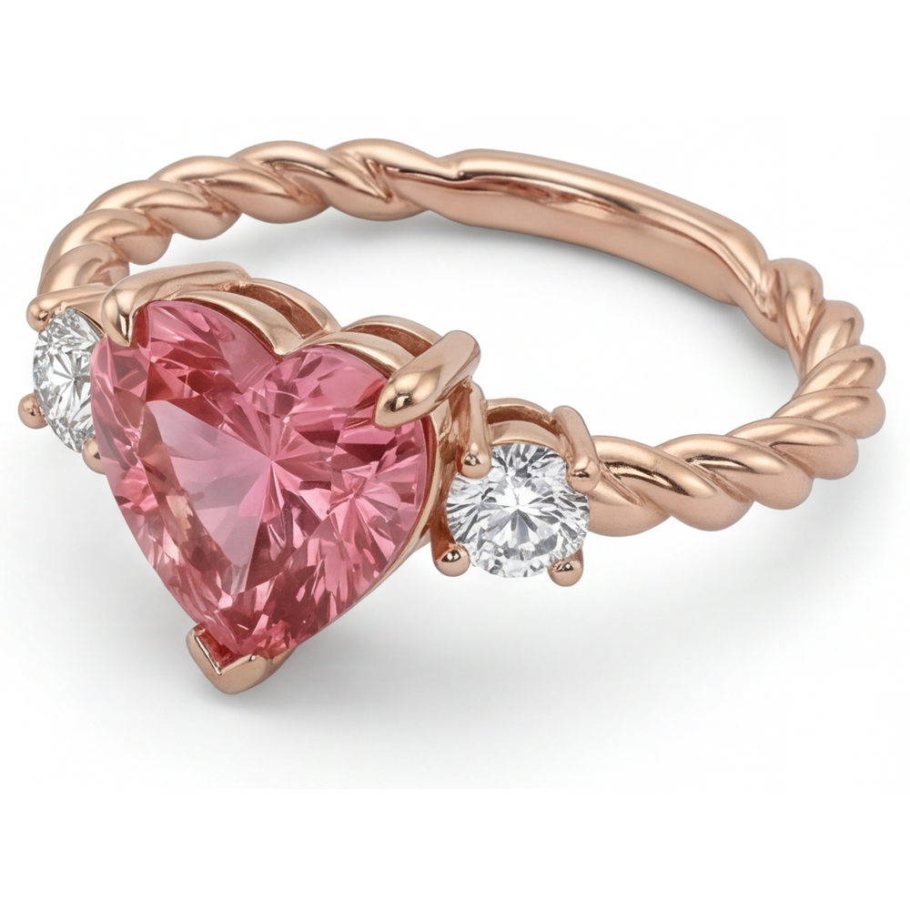 Padparadscha Sapphire Ring 1.9 Carat Genuine Heart Three Stone 14K Rose Gold