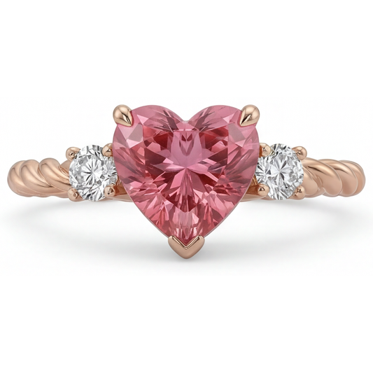 Padparadscha Sapphire Ring 1.9 Carat Genuine Heart Three Stone 14K Rose Gold