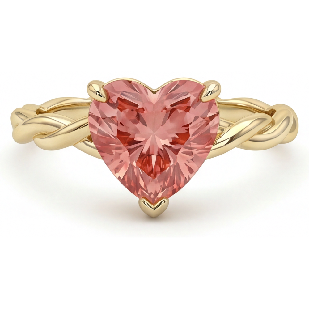 Peach Color Sapphire 1.5 Carat Real Heart Padparadscha Twist Solitaire Ring 14K Yellow Gold