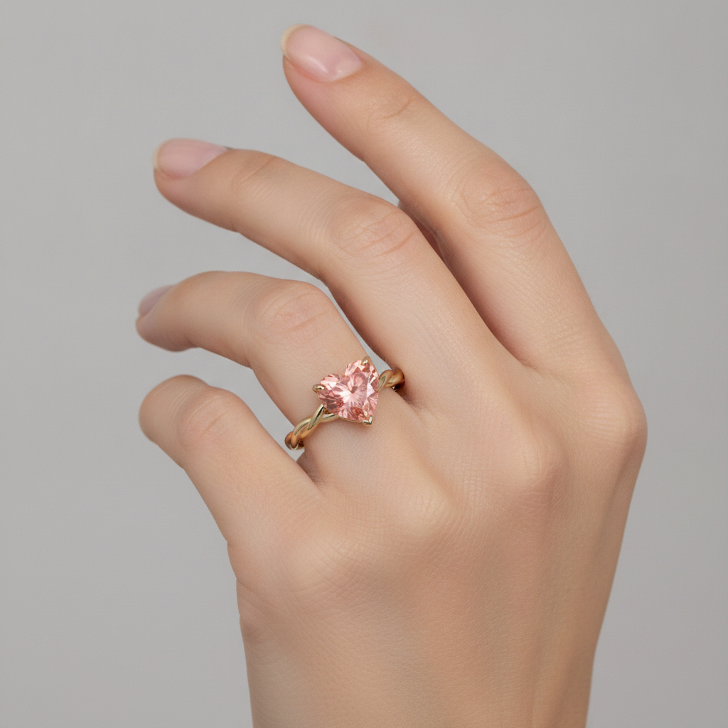 Peach Color Sapphire 1.5 Carat Real Heart Padparadscha Twist Solitaire Ring 14K Yellow Gold
