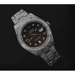 Iced Out Custom Diamond 18 Carats Rolex Mens Watch Black Dial Ss