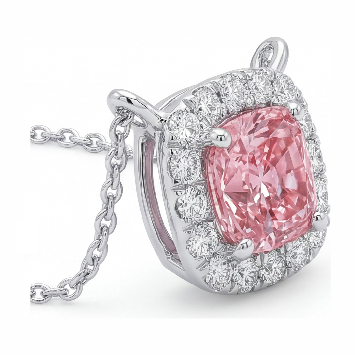 Pink Diamond Necklace 3.75 Carat Lab Grown Cushion Halo Pendant 14K White Gold