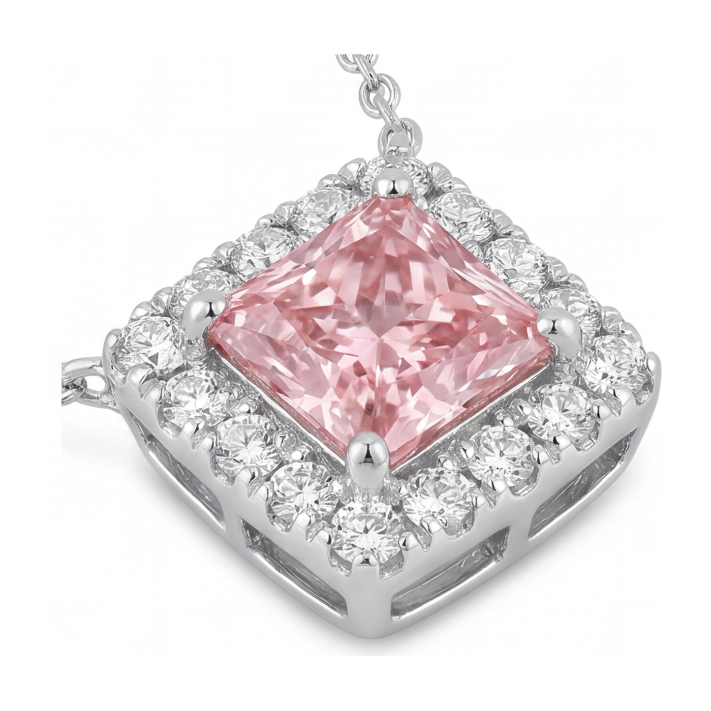 Pink Diamond Necklace 4.5 Carat Lab Grown Radiant Halo Pave Pendant 14K White Gold