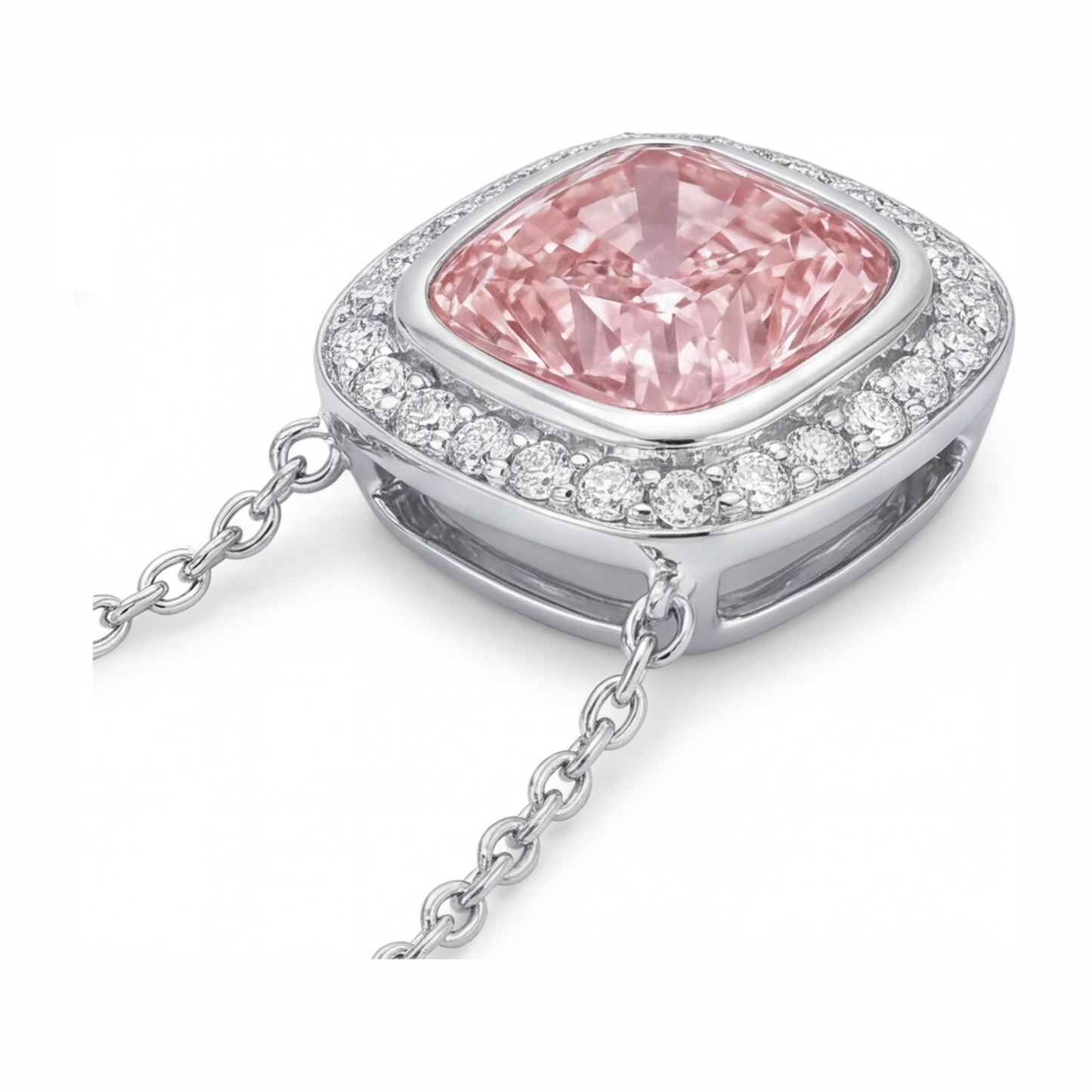 Pink Diamond Necklace 2.25 Carat Lab Grown Cushion Halo Pendant 14K White Gold