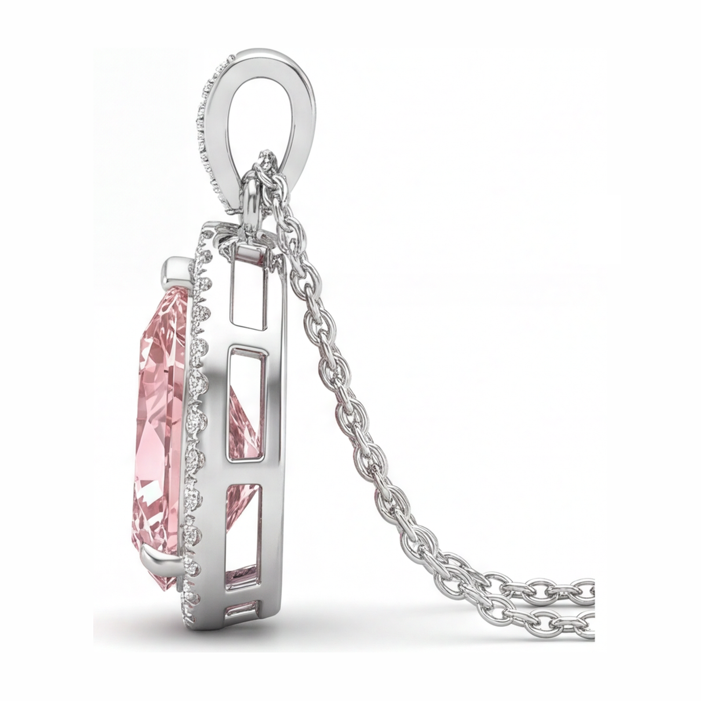 Pink Diamond Pendant 6 Carat Lab Grown Pear Halo 14K White Gold