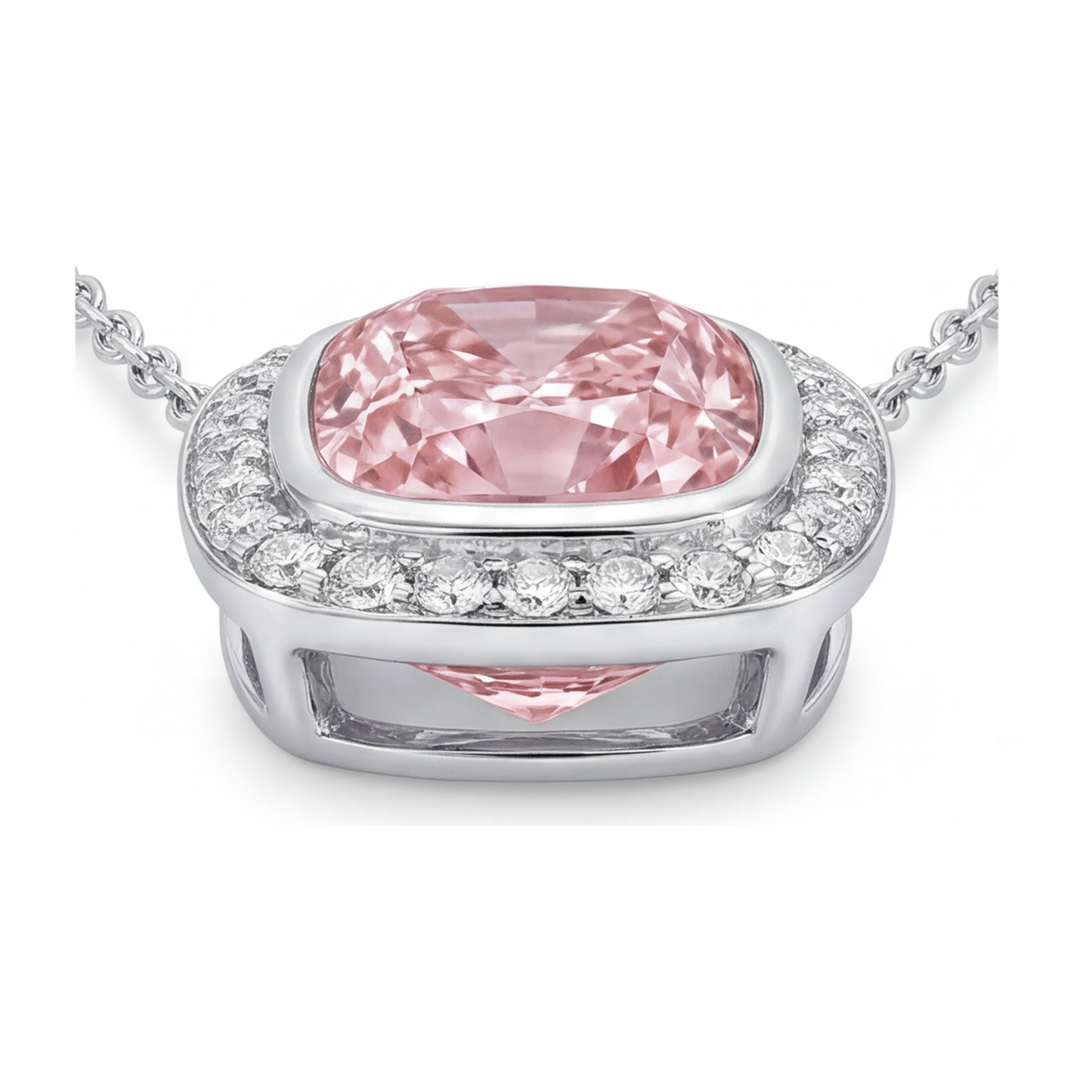 Pink Diamond Necklace 2.25 Carat Lab Grown Cushion Halo Pendant 14K White Gold