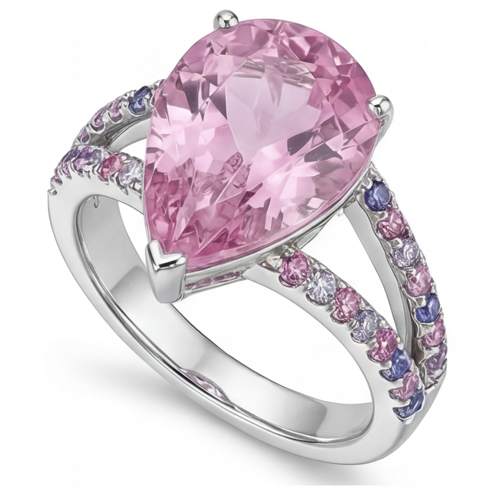 Pear Shape Kunzite ring in 14 Karat White Gold – side view