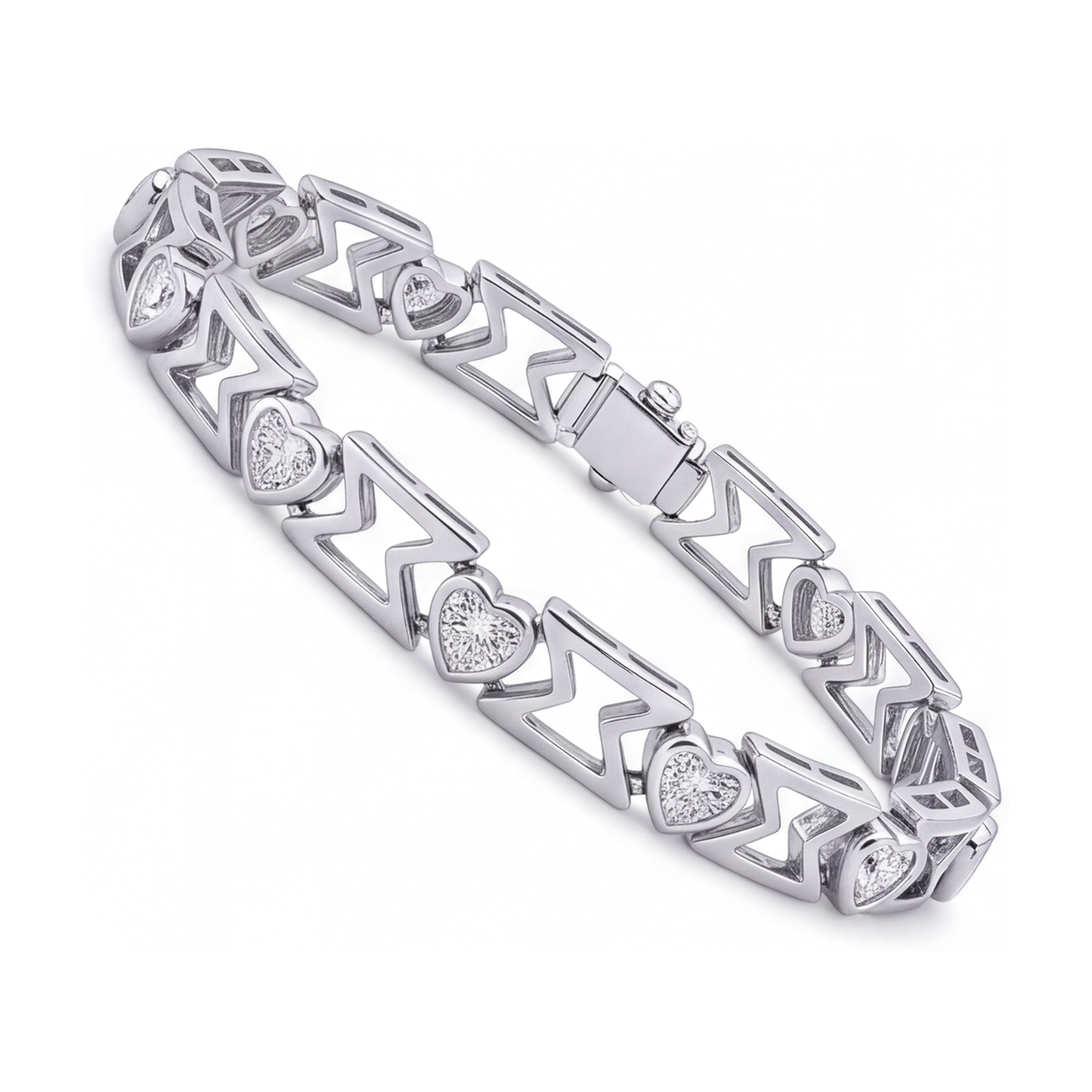 Lab Grown Diamond Bracelet 5 Carat Heart Chevron Link 14K White Gold 7 Inch