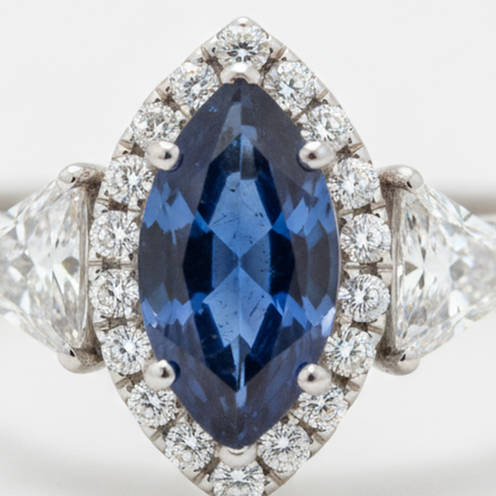 Sapphire Engagement Ring 3 Carat Genuine Marquise Blue Halo Three Stone Platinum