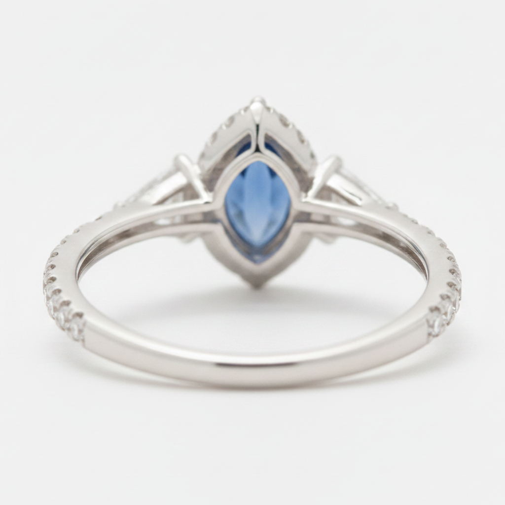 Sapphire Engagement Ring 3 Carat Genuine Marquise Blue Halo Three Stone Platinum