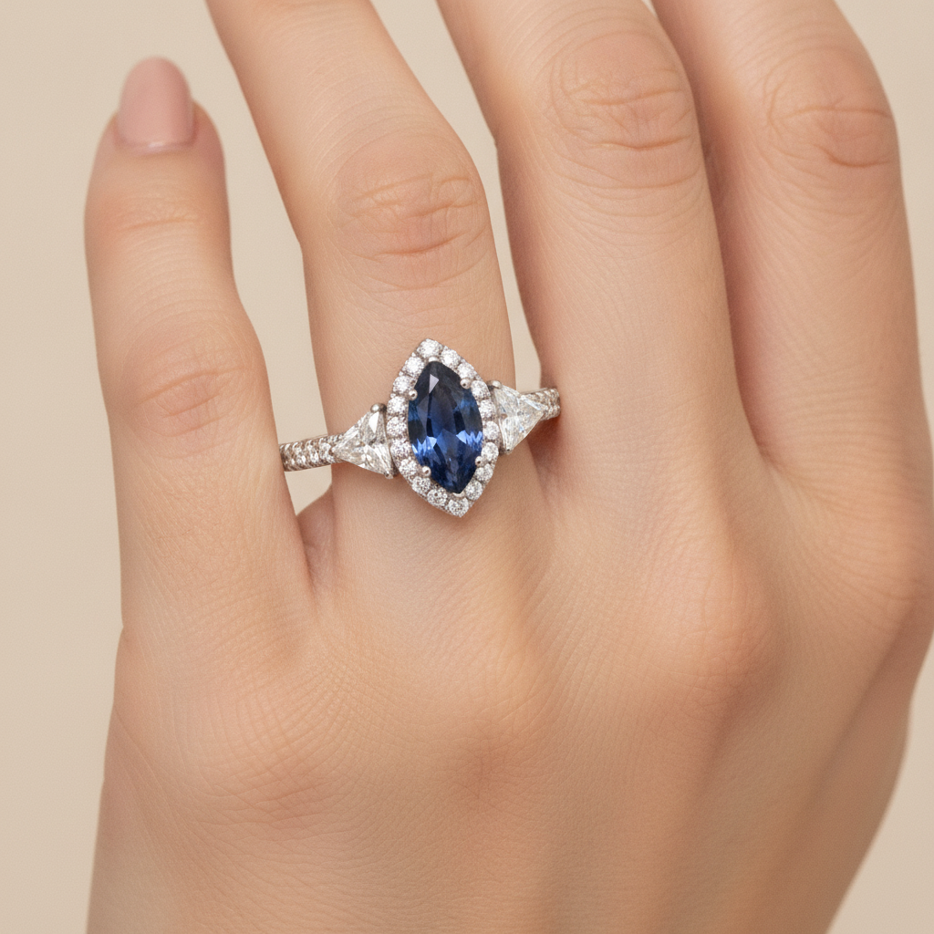 Sapphire Engagement Ring 3 Carat Genuine Marquise Blue Halo Three Stone Platinum