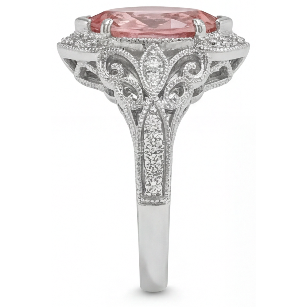 Peach Sapphire Engagement Ring 3.8 Carat Lab Grown Marquise Padparadscha Halo 14K White Gold