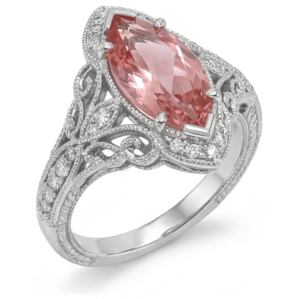 Peach Sapphire Engagement Ring 3.8 Carat Lab Grown Marquise Padparadscha Halo 14K White Gold