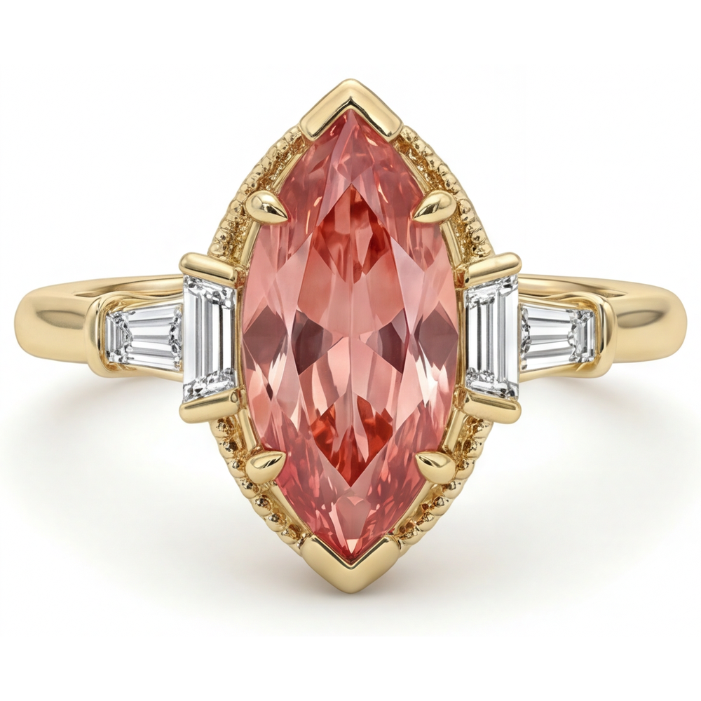 Peach Sapphire Engagement Ring 4.1 Carat Lab Grown Marquise Padparadscha and White Baguette Three Stone Cathedral 14K Yellow Gold