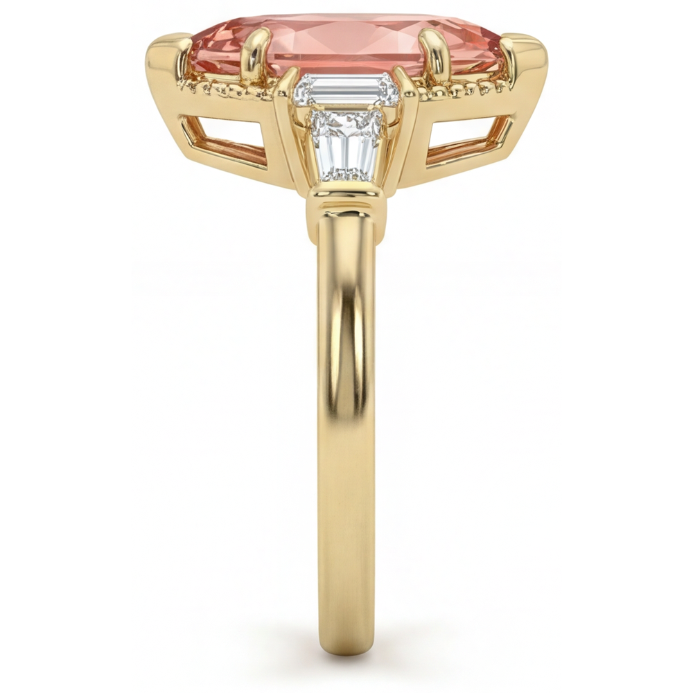 Peach Sapphire Engagement Ring 4.1 Carat Lab Grown Marquise Padparadscha and White Baguette Three Stone Cathedral 14K Yellow Gold
