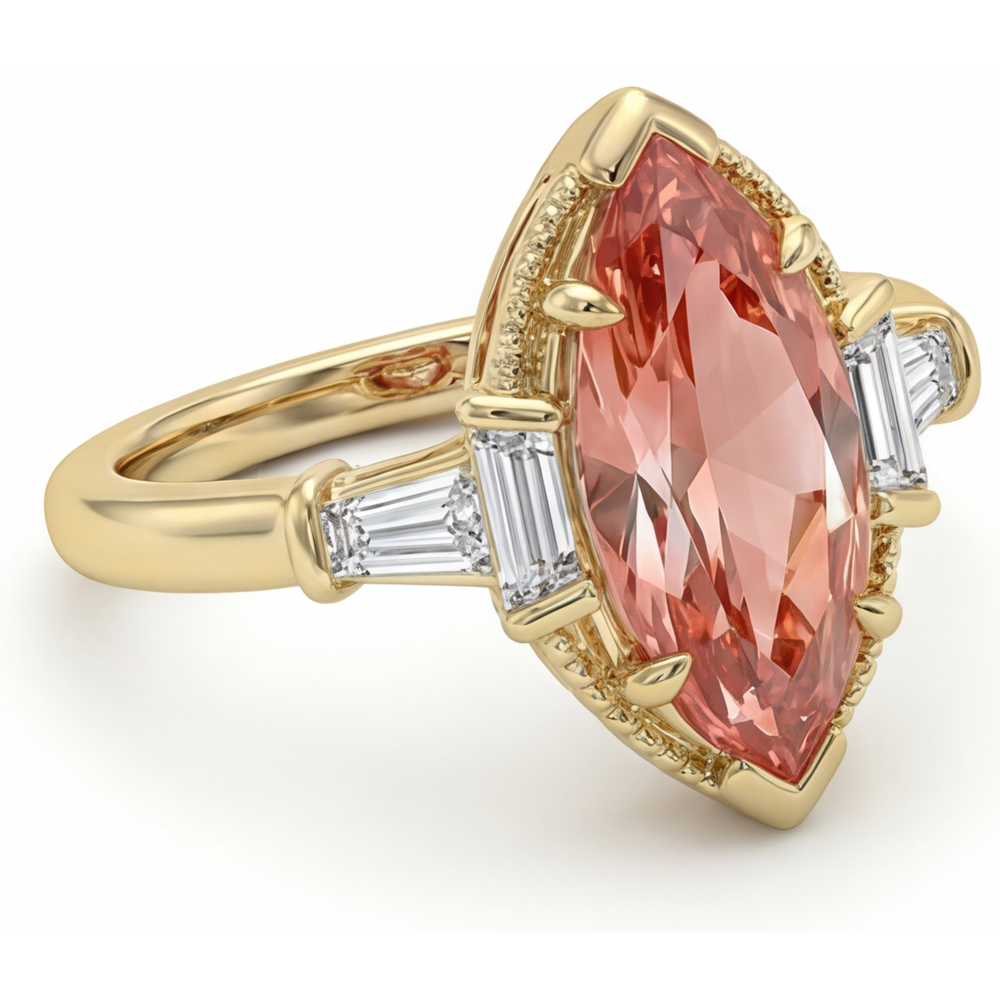 Peach Sapphire Engagement Ring 4.1 Carat Lab Grown Marquise Padparadscha and White Baguette Three Stone Cathedral 14K Yellow Gold