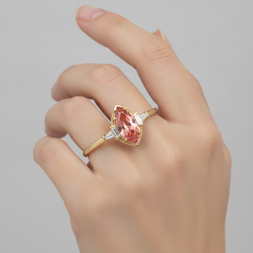 Peach Sapphire Engagement Ring 4.1 Carat Lab Grown Marquise Padparadscha and White Baguette Three Stone Cathedral 14K Yellow Gold