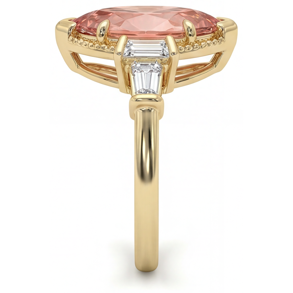 Padparadscha Sapphire Ring 4.1 Carat Lab Grown Marquise and White Baguette Three Stone Plain 14K Yellow Gold
