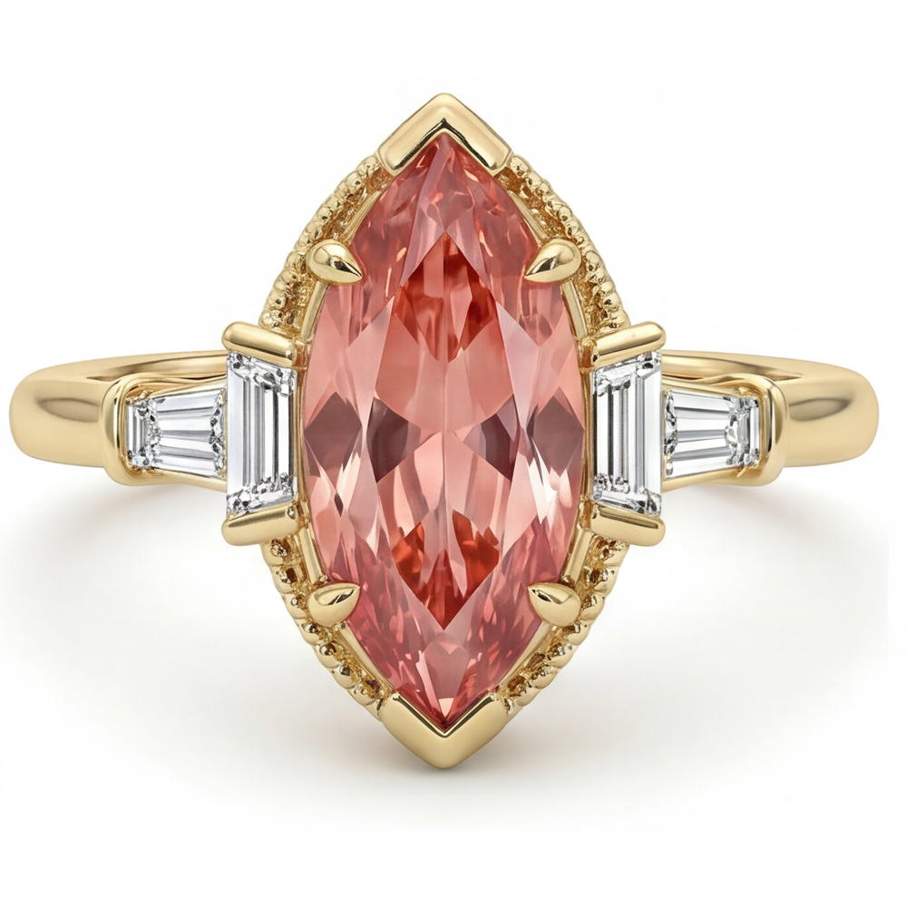 Padparadscha Sapphire Ring 4.1 Carat Lab Grown Marquise and White Baguette Three Stone Plain 14K Yellow Gold
