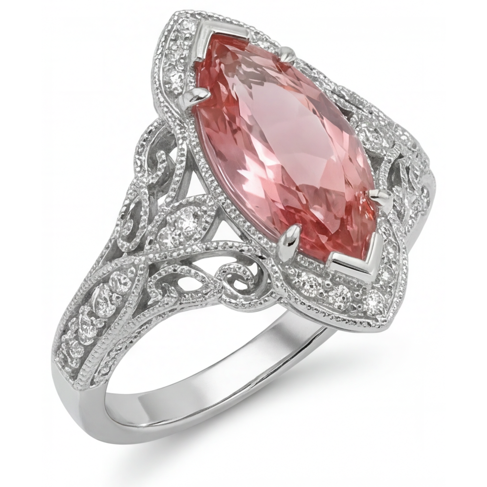 Peach Sapphire 3.8 Carat Lab Grown Marquise Padparadscha Halo Vintage Ring 14K White Gold