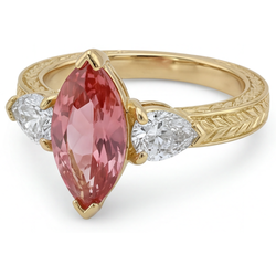 Peach Color Sapphire 4.1 Carat Lab Grown Marquise Padparadscha Three Stone Ring 14K Yellow Gold