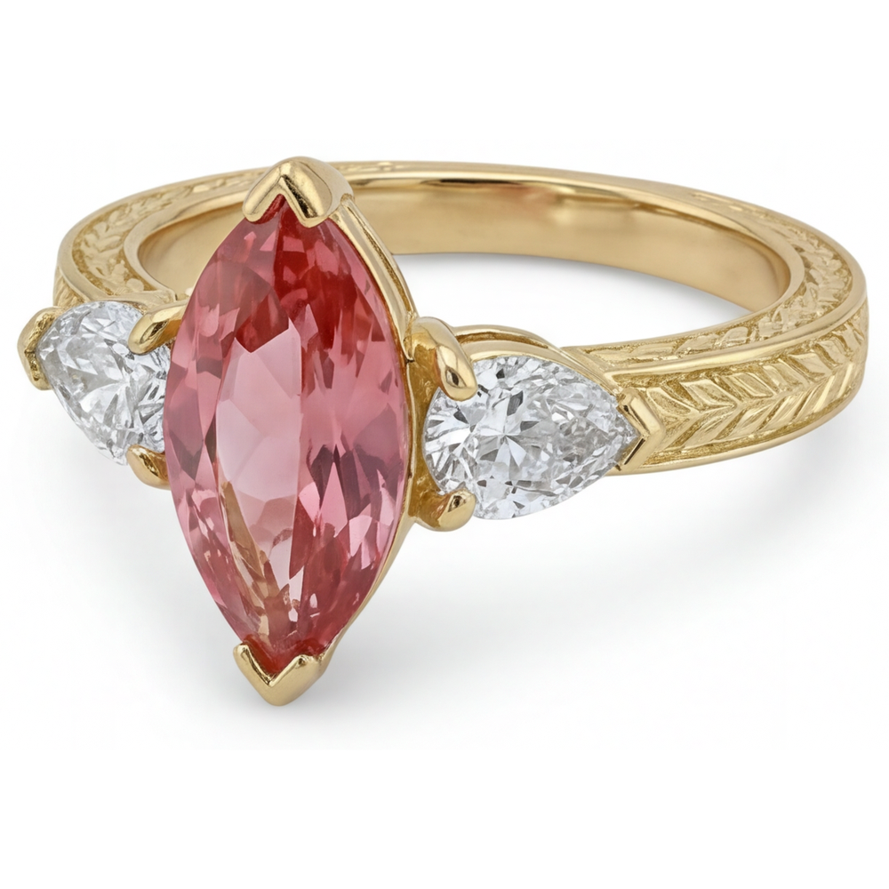 Peach Color Sapphire 4.1 Carat Lab Grown Marquise Padparadscha Three Stone Ring 14K Yellow Gold