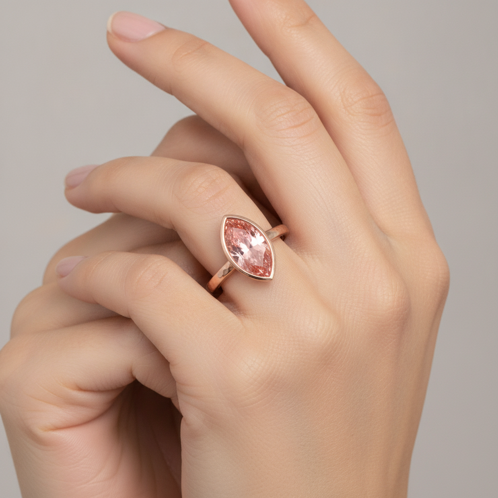 Padparadscha Sapphire Ring 3.5 Carat Lab Grown Marquise Bezel Solitaire 14K Rose Gold