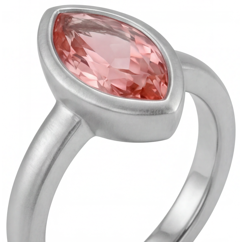 Antique Padparadscha Sapphire Ring 3.5 Carat Lab Grown Marquise Bezel Solitaire 14K White Gold