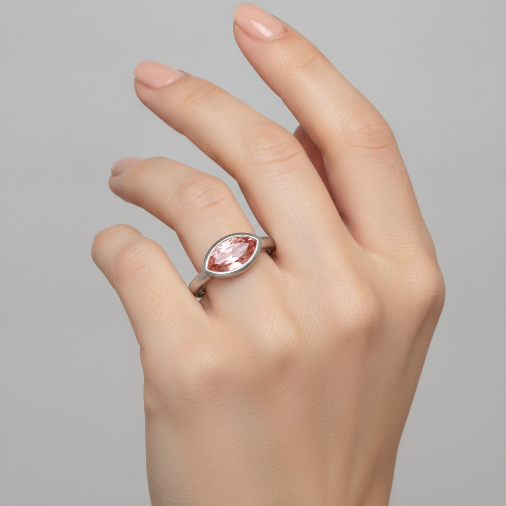 Antique Padparadscha Sapphire Ring 3.5 Carat Lab Grown Marquise Bezel Solitaire 14K White Gold