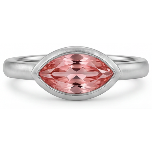 Antique Padparadscha Sapphire Ring 3.5 Carat Lab Grown Marquise Bezel Solitaire 14K White Gold