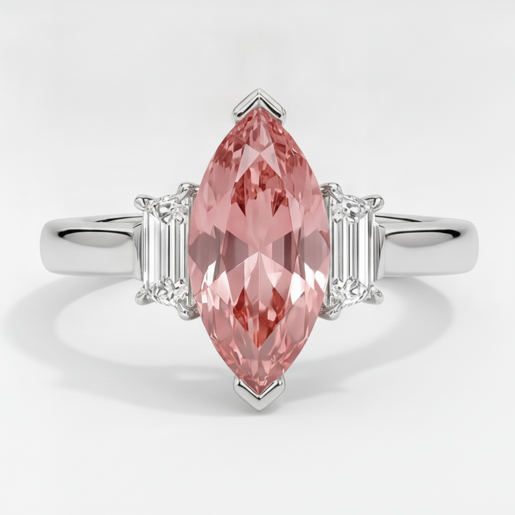 Peach Sapphire 3.1 Carat Genuine Marquise Padparadscha and White Baguette Three Stone Ring Platinum