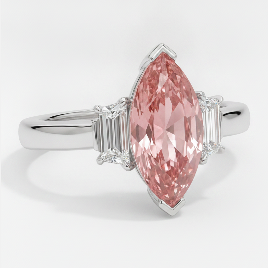 Peach Sapphire 3.1 Carat Genuine Marquise Padparadscha and White Baguette Three Stone Ring Platinum