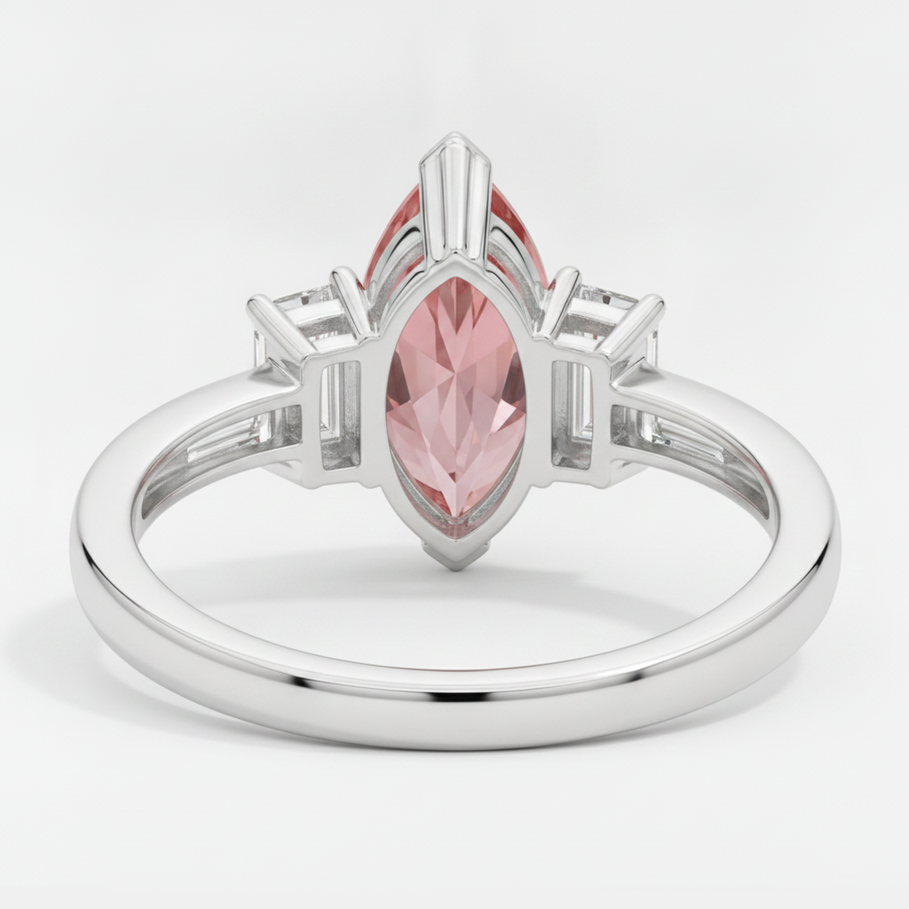 Peach Sapphire 3.1 Carat Genuine Marquise Padparadscha and White Baguette Three Stone Ring Platinum