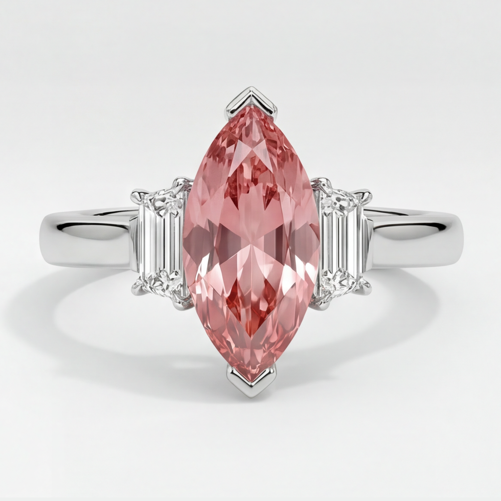 Peach Sapphire 3.1 Carat Genuine Marquise Padparadscha and White Baguette Three Stone Ring Platinum