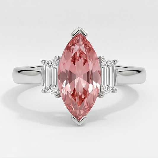 Peach Sapphire 3.1 Carat Genuine Marquise Padparadscha and White Baguette Three Stone Ring Platinum