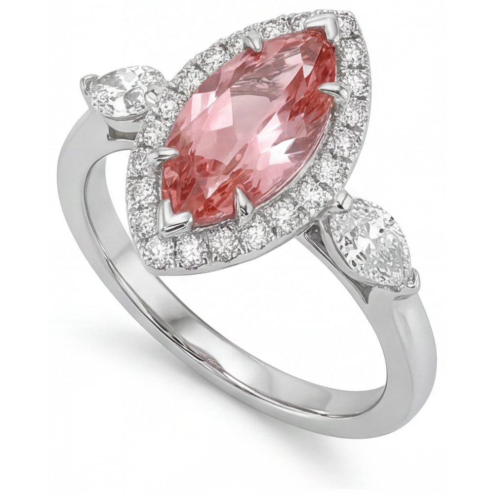 Padparadscha Sapphire Ring 2.3 Carat Genuine Marquise Halo Vintage 14K White Gold