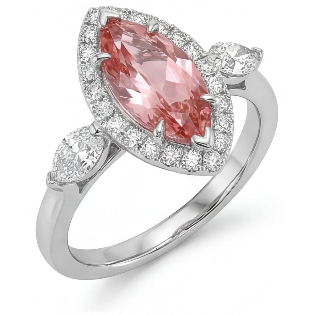 Padparadscha Sapphire Ring 2.3 Carat Genuine Marquise Halo Vintage 14K White Gold
