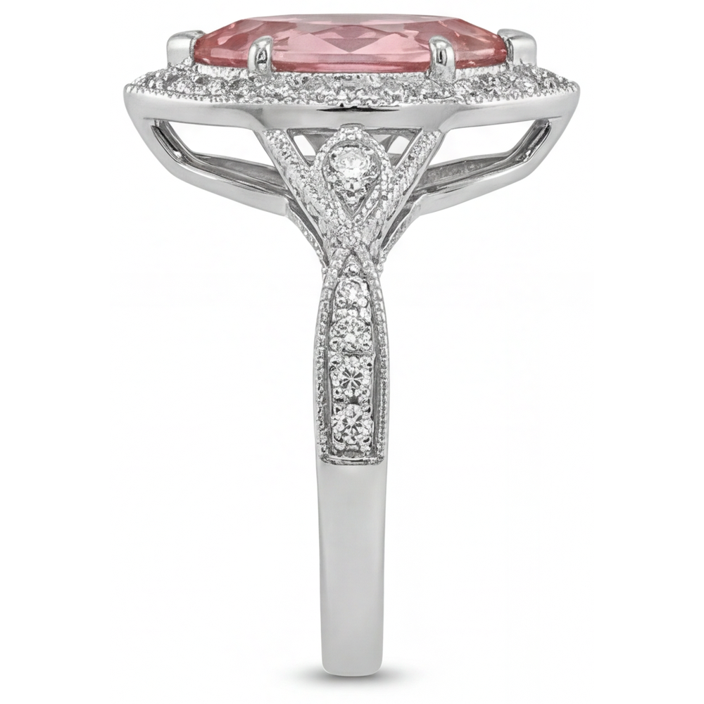 Peach Sapphire Ring 2.3 Carat Real Marquise Padparadscha Halo Split Shank 14K White Gold