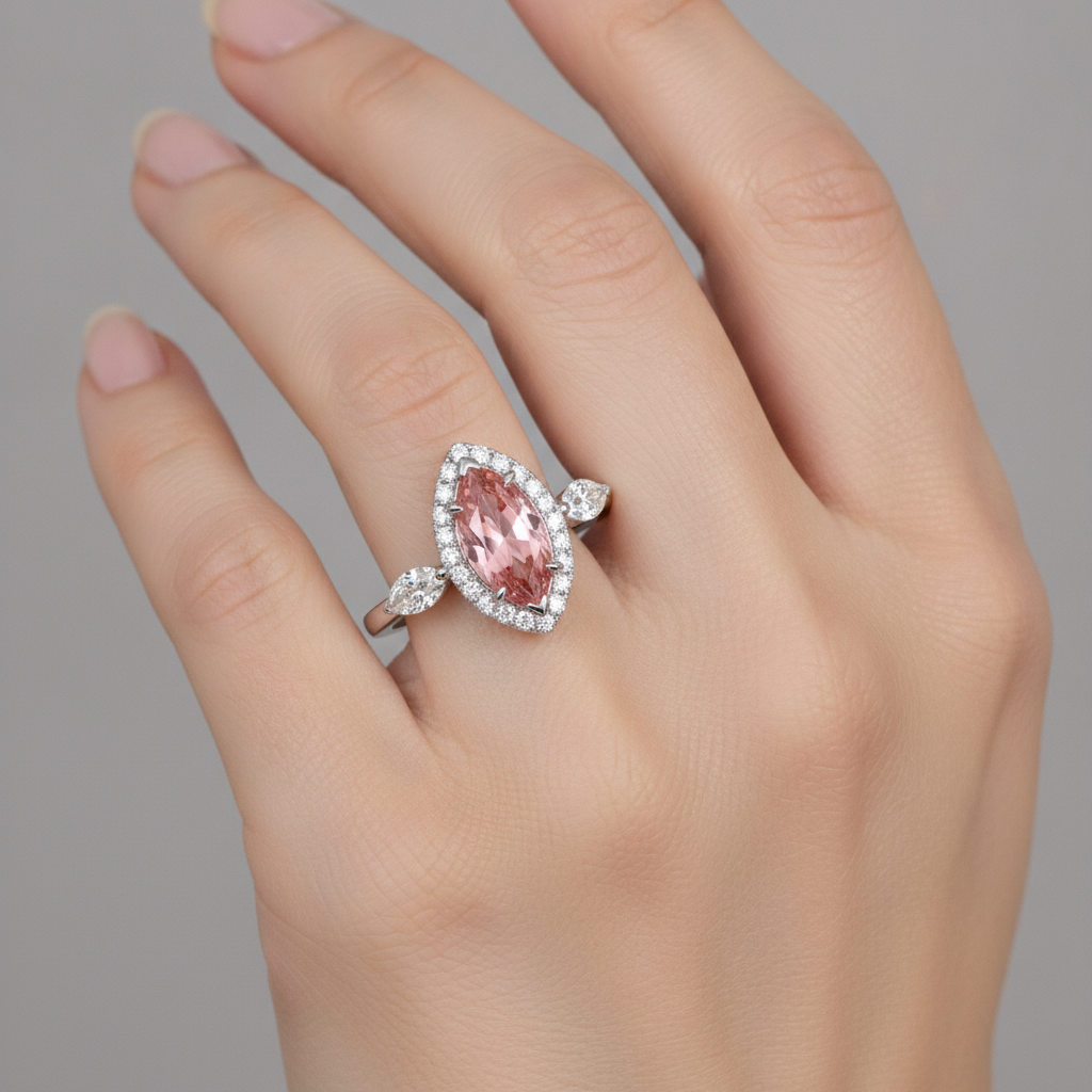 Padparadscha Sapphire Ring 2.3 Carat Genuine Marquise Halo Vintage 14K White Gold