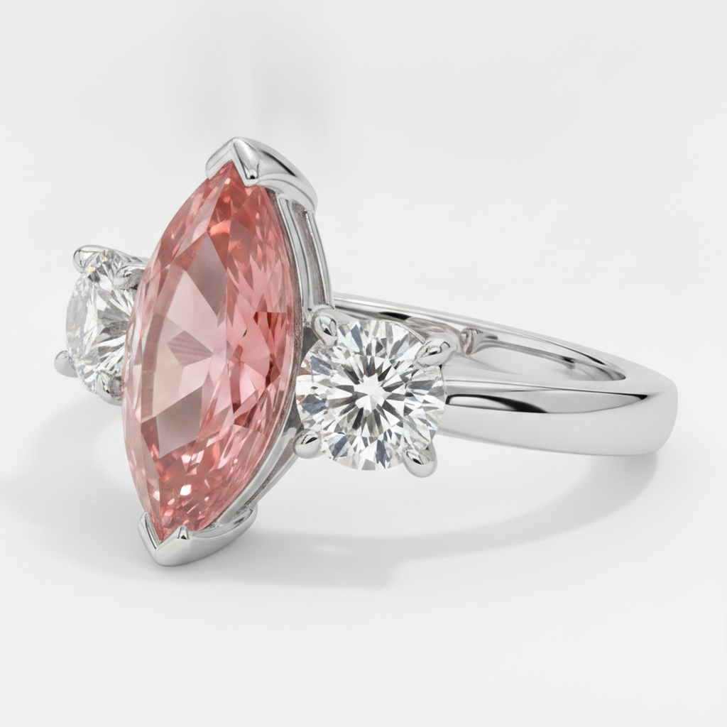 Padparadscha Sapphire Ring 3.1 Carat Real Marquise Three Stone Platinum