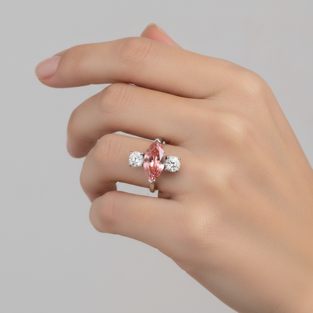 Padparadscha Sapphire Ring 3.1 Carat Real Marquise Three Stone Platinum