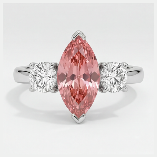 Padparadscha Sapphire Ring 3.1 Carat Real Marquise Three Stone Platinum